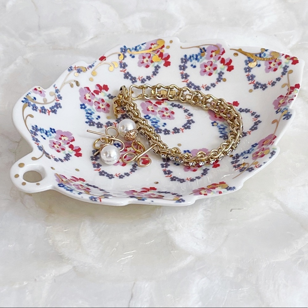 Ceramic White Pink Purple Floral Gold Accent Dish